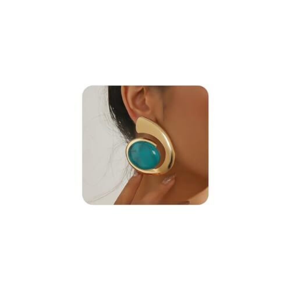 3176 Chunky Gold Turquoise Statement Earrings , Exaggerated Silver Spiral